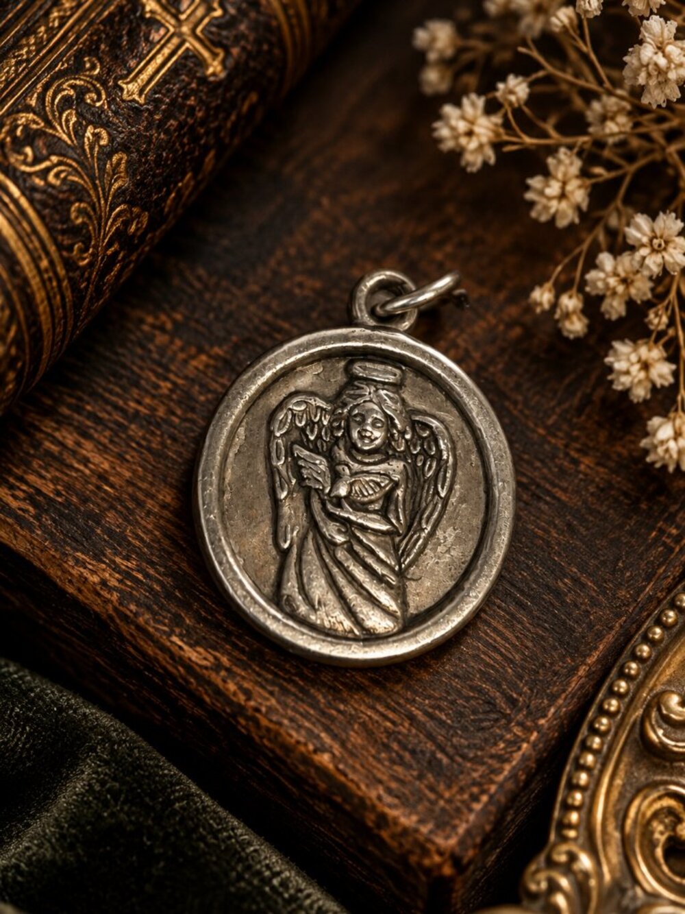 Vintage Guardian Angel Religious Medal Pendant – Silver Tone Cherub Charm